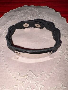 Braided Black Leather ID Bracelet with Silver Plate, length-9” $10